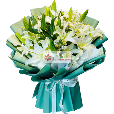丽江8支白色多头百合洋甘菊，如潮的思念