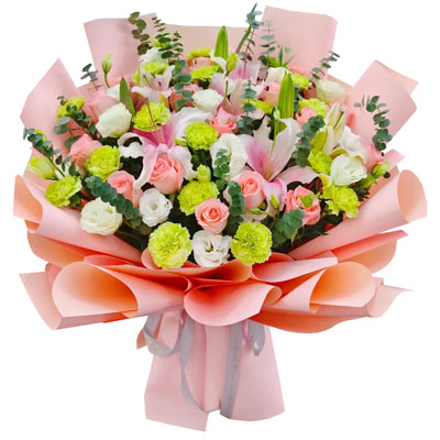 丽江16朵粉玫瑰百合康乃馨，宁静和温柔